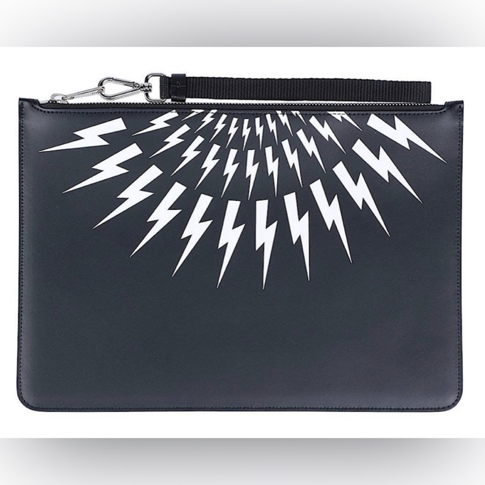 Neil Barrett - NWT - Thunderbolt Leather Medium Zipped Pouch - Fair Isle Clutch